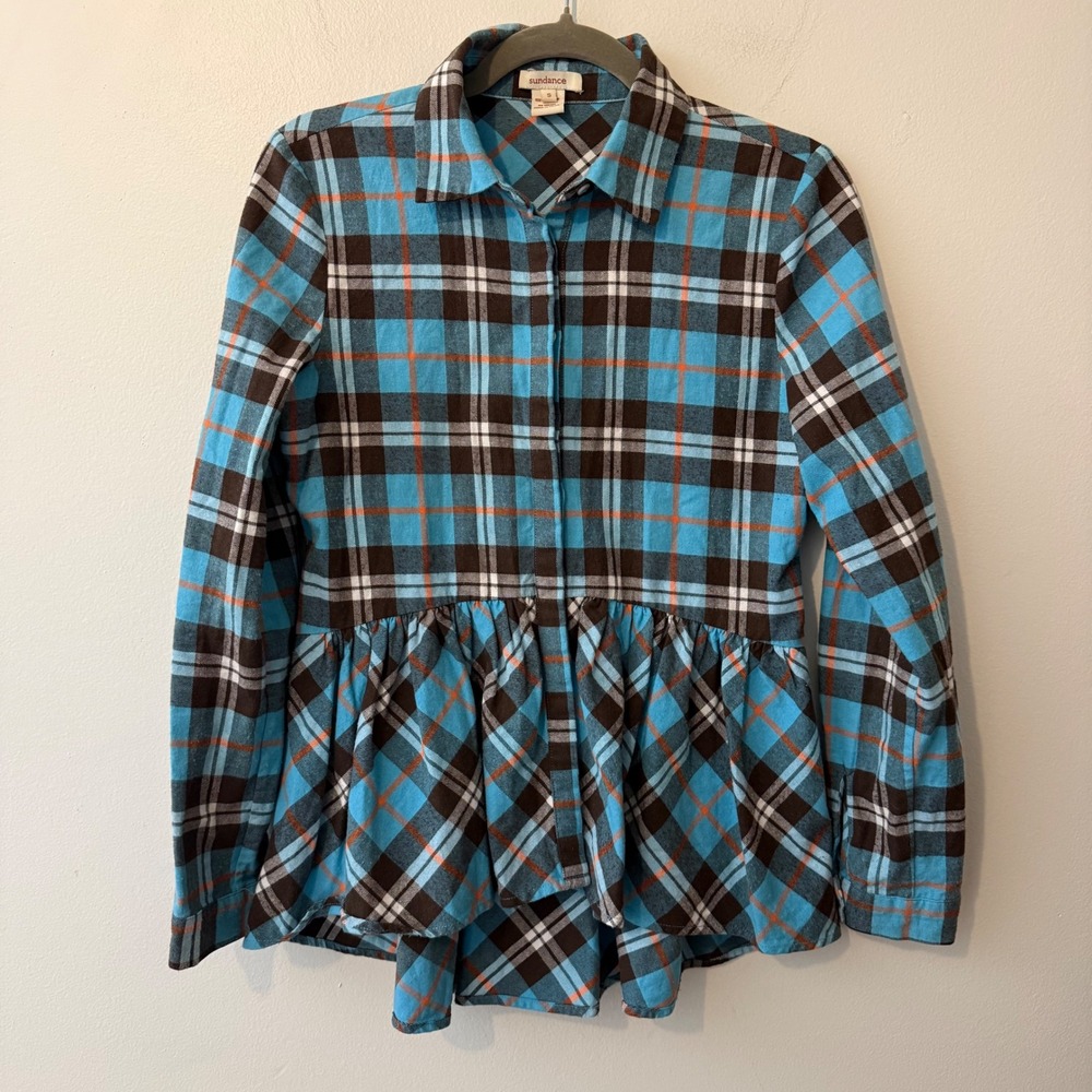 Sundance Womens Blue Brown Plaid Peplum Flannel Button Down Shirt Small Cotton